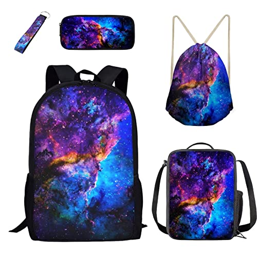 Belidome Kleinkind Schulrucksack-Sets für Jungen Mädchen mit Lunchtasche Federmäppchen Kordelzug Tasche Schlüsselanhänger Handgelenk 5 Stück, Galaxy, Einheitsgröße, Kinderrucksack von Belidome