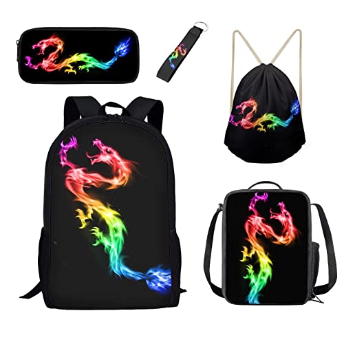 Belidome Kleinkind Schulrucksack-Sets für Jungen Mädchen mit Lunchtasche Federmäppchen Kordelzug Tasche Schlüsselanhänger Handgelenk 5 Stück, Regenbogen-Drache, Einheitsgröße, Kinderrucksack von Belidome