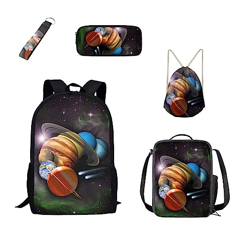 Belidome Kleinkind Schulrucksack-Sets für Jungen Mädchen mit Lunchtasche Federmäppchen Kordelzug Tasche Schlüsselanhänger Handgelenk 5 Stück, Universum Planet, Einheitsgröße, Kinderrucksack von Belidome