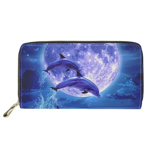 Belidome Leder Geldbörse Damen Mädchen Geldbörse Handtasche Münztasche, Mond und Delfin, Einheitsgröße, Vintage von Belidome