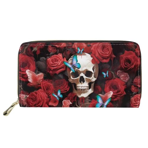 Belidome Leder Geldbörse Damen Mädchen Geldbörse Handtasche Münztasche, Rosen-Totenkopf-Aufdruck, Einheitsgröße von Belidome