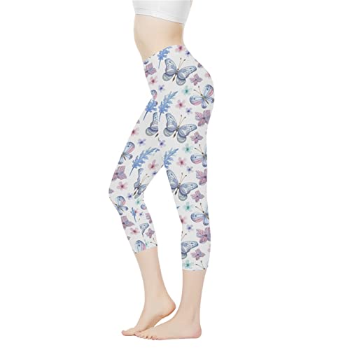 Belidome Leggins, Caprihose, 3D-Druck, XS-3XL, für Damen, Erwachsene, Sommer, Fitness, Yoga, Joggen, Radfahren, Butterfly & Flower-2, 3X-Groß von Belidome