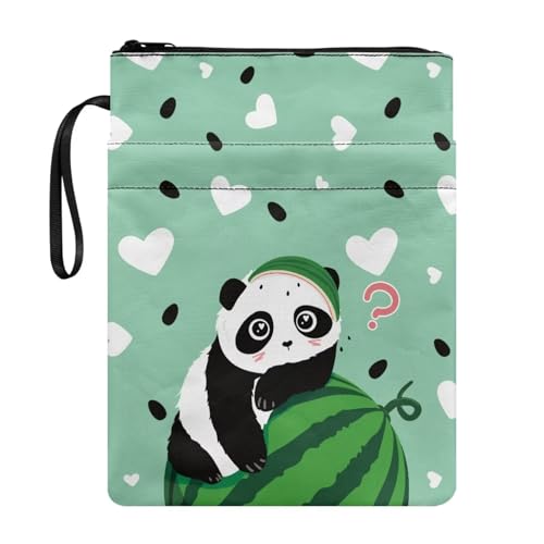 Belidome Niedliche Buchtasche für Damen, Mädchen, Kinder, Wassermelonen-Panda-Druck, mit Reißverschluss und Vordertasche, Buchhülle von Belidome