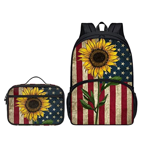 Belidome Rucksack Lunchtasche Schule Büchertasche für Kinder Mädchen Jungen Rucksack 2 in 1, Vintage Sonnenblume USA-Flagge, Einheitsgröße, Kinderrucksack von Belidome