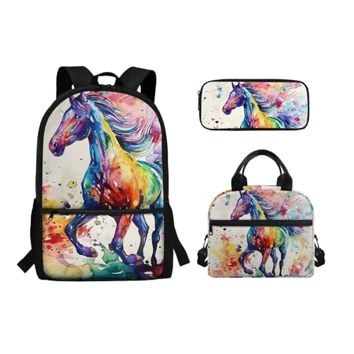 Belidome Rucksack Lunchtasche und Federmäppchen Set für Mädchen Jungen Schulbuchtasche für Kleinkinder, Kinder, Teenager, Buntes Pferd, Einheitsgröße, Schulranzen-Set von Belidome