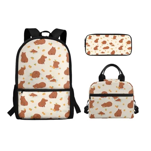 Belidome Rucksack Lunchtasche und Federmäppchen Set für Mädchen Jungen Schulbuchtasche für Kleinkinder, Kinder, Teenager, Capybara, Einheitsgröße, Schulranzen-Set von Belidome