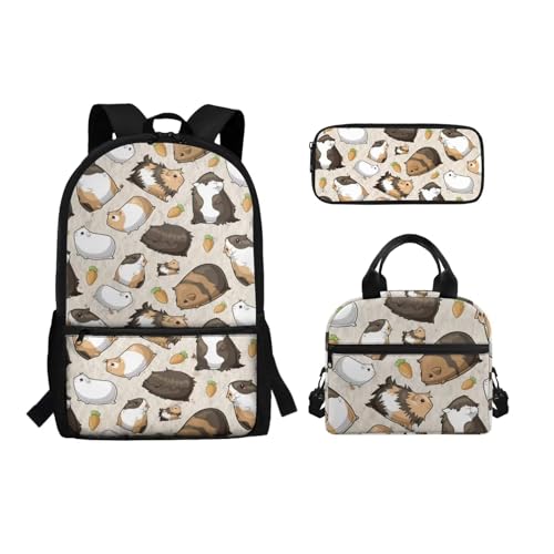 Belidome Rucksack Lunchtasche und Federmäppchen Set für Mädchen Jungen Schulbuchtasche für Kleinkinder, Kinder, Teenager, Meerschweinchen-Aufdruck, Einheitsgröße, Schulranzen-Set von Belidome