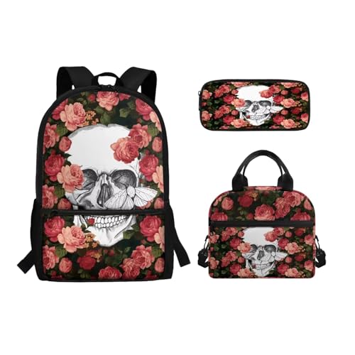 Belidome Rucksack Lunchtasche und Federmäppchen Set für Mädchen Jungen Schulbuchtasche für Kleinkinder, Kinder, Teenager, Rose Skull, Einheitsgröße, Schulranzen-Set von Belidome