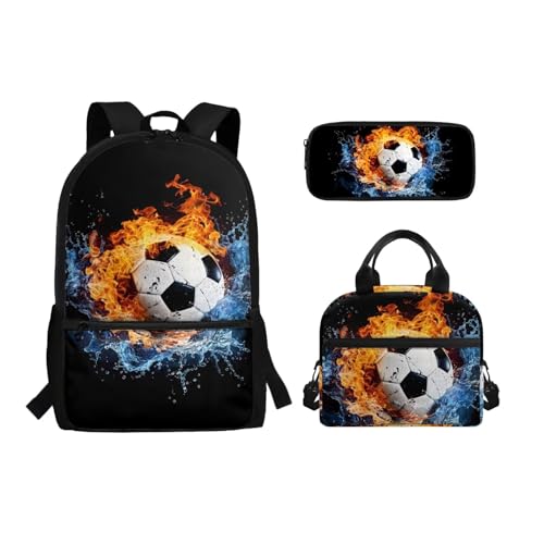 Belidome Rucksack Lunchtasche und Federmäppchen Set für Mädchen Jungen Schulbuchtasche für Kleinkinder, Kinder, Teenager, Wasser- und Feuerfußball, Einheitsgröße, Schulranzen-Set von Belidome