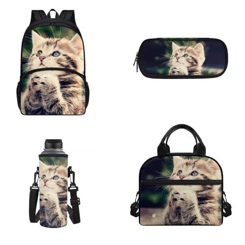 Belidome Rucksack-Set, 4-teilig, Lunchbox, Wasserflaschenhalter mit Riemen, Federmäppchen für Kinder, Teenager, Jungen, Mädchen, leicht, katze, Onesized, Kinderrucksack von Belidome