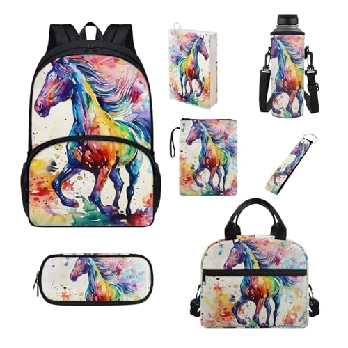 Belidome Rucksack-Set, 7-teilig, für Teenager, Kinder, Jungen, Mädchen, Schule, Büchertasche und Lunchtasche, Federmäppchen, Wasserflaschenhalter, Buntes Pferd, Einheitsgröße, Schulranzen-Set von Belidome