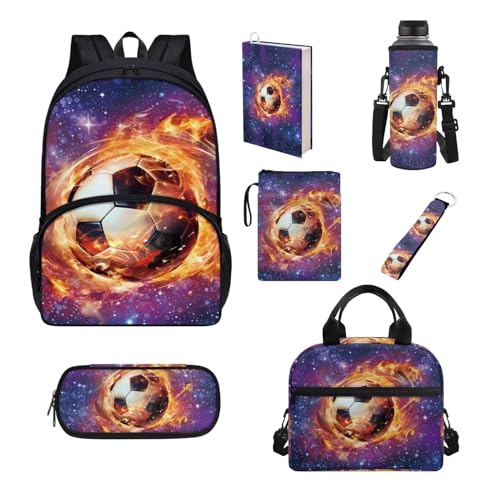 Belidome Rucksack-Set, 7-teilig, für Teenager, Kinder, Jungen, Mädchen, Schule, Büchertasche und Lunchtasche, Federmäppchen, Wasserflaschenhalter, Galaxy Fire Soccer, Einheitsgröße, Schulranzen-Set von Belidome