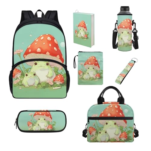 Belidome Rucksack-Set, 7-teilig, für Teenager, Kinder, Jungen, Mädchen, Schule, Büchertasche und Lunchtasche, Federmäppchen, Wasserflaschenhalter, Pilzfrosch, Einheitsgröße, Schulranzen-Set von Belidome