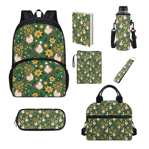 Belidome Rucksack-Set, 7-teilig, für Teenager, Kinder, Jungen, Mädchen, Schule, Büchertasche und Lunchtasche, Federmäppchen, Wasserflaschenhalter, Sonnenblumen, Meerschweinchen, Einheitsgröße, von Belidome