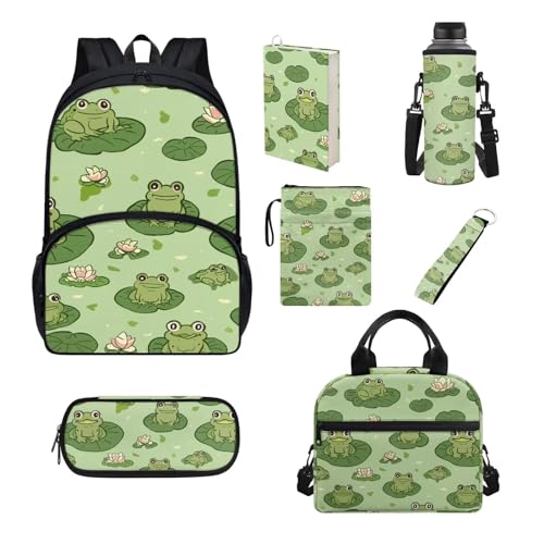 Belidome Rucksack-Set, 7-teilig, für Teenager, Kinder, Jungen, Mädchen, Schule, Büchertasche und Lunchtasche, Federmäppchen, Wasserflaschenhalter, frosch, Einheitsgröße, Schulranzen-Set von Belidome