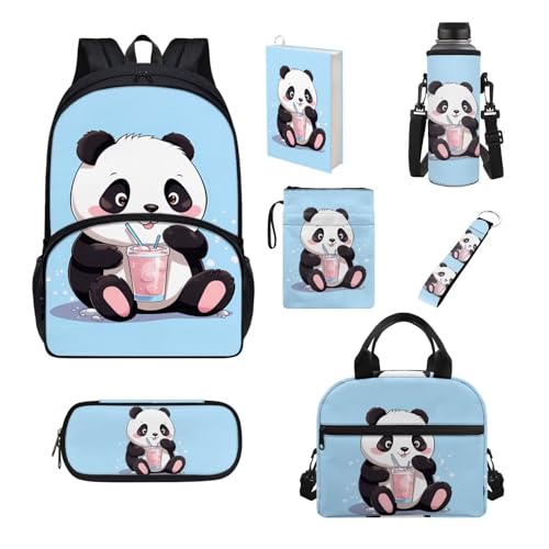 Belidome Rucksack-Set, 7-teilig, für Teenager, Kinder, Jungen, Mädchen, Schule, Büchertasche und Lunchtasche, Federmäppchen, Wasserflaschenhalter, panda, Einheitsgröße, Schulranzen-Set von Belidome