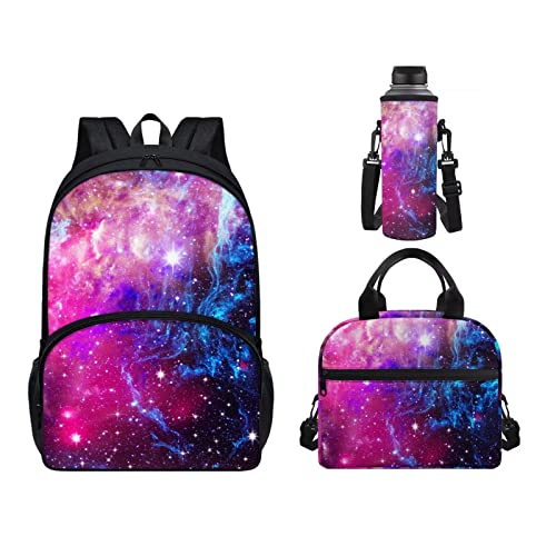 Belidome Rucksack Set Lunchbox Wasserflaschenhalter 3 in 1 Kinder Schule Büchertasche, Lila Galaxy, Einheitsgröße, Kinderrucksack von Belidome