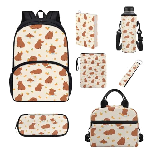 Belidome Rucksack-Set für Jungen und Mädchen, 7-teilig, Schultasche und Lunchtasche für Grundschule, große Kapazität, Capybara, Einheitsgröße, Schulranzen-Set von Belidome