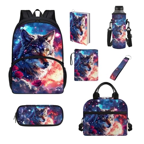 Belidome Rucksack-Set für Jungen und Mädchen, 7-teilig, Schultasche und Lunchtasche für Grundschule, große Kapazität, Galaxy Wolf, Einheitsgröße, Schulranzen-Set von Belidome