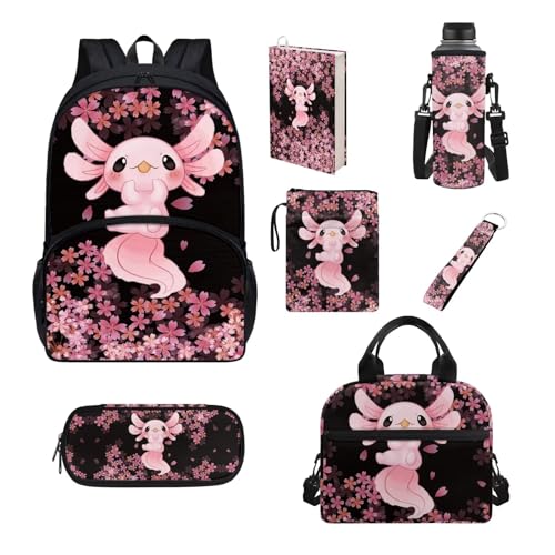 Belidome Rucksack-Set für Jungen und Mädchen, 7-teilig, Schultasche und Lunchtasche für Grundschule, große Kapazität, Kirschblüte Axolotl, Einheitsgröße, Schulranzen-Set von Belidome