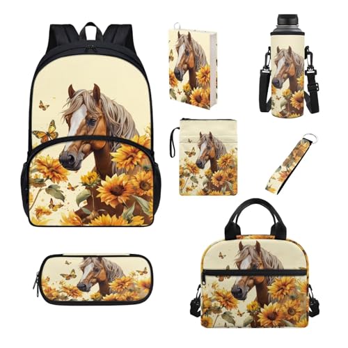 Belidome Rucksack-Set für Jungen und Mädchen, 7-teilig, Schultasche und Lunchtasche für Grundschule, große Kapazität, Sonnenblumenpferd, Einheitsgröße, Schulranzen-Set von Belidome