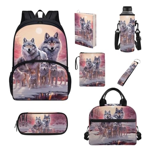 Belidome Rucksack-Set für Jungen und Mädchen, 7-teilig, Schultasche und Lunchtasche für Grundschule, große Kapazität, Wolfsdruck, Einheitsgröße, Schulranzen-Set von Belidome