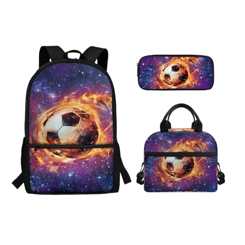 Belidome Rucksack-Set für Mittelschule, Mädchen, Jungen, 3-in-1 Büchertasche und Lunchtasche, Federmäppchen, Tagesrucksack, Rucksack, Feuer-Fußball-Aufdruck, Einheitsgröße, Schulranzen-Set von Belidome