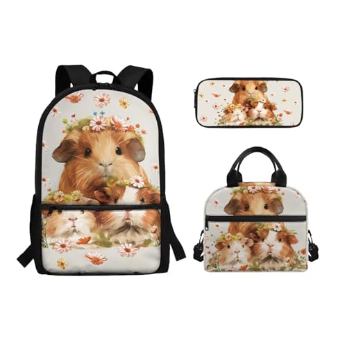 Belidome Rucksack-Set für Mittelschule, Mädchen, Jungen, 3-in-1 Büchertasche und Lunchtasche, Federmäppchen, Tagesrucksack, Rucksack, Meerschweinchen, Einheitsgröße von Belidome