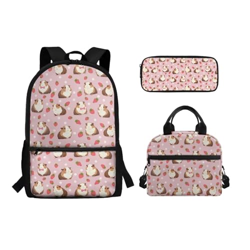 Belidome Rucksack-Set für Mittelschule, Mädchen, Jungen, 3-in-1 Büchertasche und Lunchtasche, Federmäppchen, Tagesrucksack, Rucksack, Meerschweinchen-Erdbeere, Einheitsgröße, Schulranzen-Set von Belidome