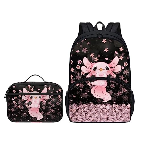 Belidome Rucksack mit Lunchtasche für Kinder, Schulbücher-Set, 2 Stück, Axolotl Kirschblüte, Einheitsgröße, Kinderrucksack von Belidome