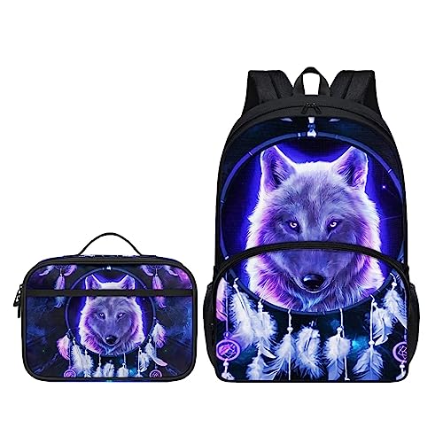 Belidome Rucksack mit Lunchtasche für Kinder, Schulbücher-Set, 2 Stück, Traumfänger Wolf Galaxie, Einheitsgröße, Kinderrucksack von Belidome