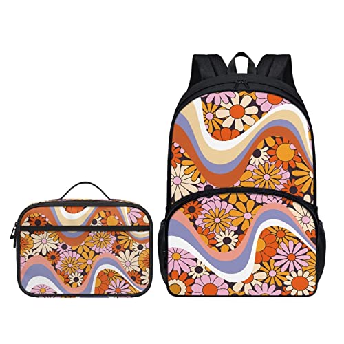 Belidome Rucksack mit Lunchtasche für Kinder, Schulbüchertasche, 2er-Pack, Abstrakte Hippie-Blume, Einheitsgröße, Kinderrucksack von Belidome