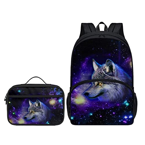 Belidome Rucksack mit Lunchtasche für Kinder, Schulbüchertasche, 2er-Pack, Galaxy Wolf, Einheitsgröße, Kinderrucksack von Belidome