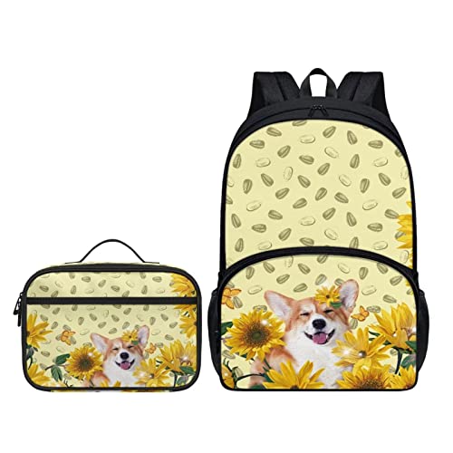 Belidome Rucksack mit Lunchtasche für Kinder, Schulbüchertasche, 2er-Pack, Sonnenblume Corgi, Einheitsgröße, Kinderrucksack von Belidome