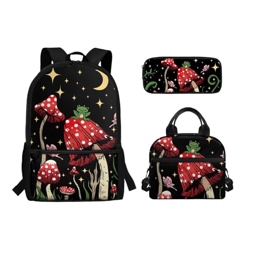 Belidome Schulbuchtaschen-Set für Mädchen, Jungen, Rucksack und Lunchtasche, Federmäppchen, 3-in-1, für Reisen, Picknick, leicht, Frosch und Pilz, Einheitsgröße von Belidome