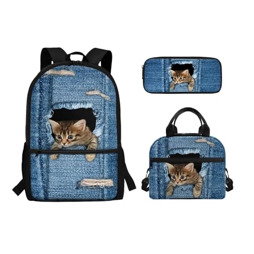 Belidome Schulbuchtaschen-Set für Mädchen, Jungen, Rucksack und Lunchtasche, Federmäppchen, 3-in-1, für Reisen, Picknick, leicht, Katze, niedlich, Einheitsgröße, Schulranzen-Set von Belidome