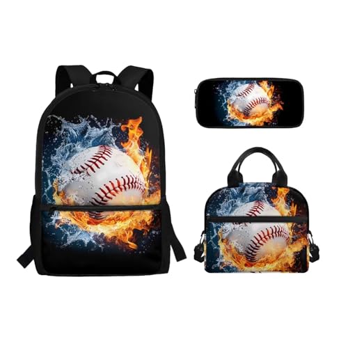 Belidome Schulbuchtaschen-Set für Mädchen, Jungen, Rucksack und Lunchtasche, Federmäppchen, 3-in-1, für Reisen, Picknick, leicht, Wasser- und Feuer-Softball, Einheitsgröße, Schulranzen-Set von Belidome