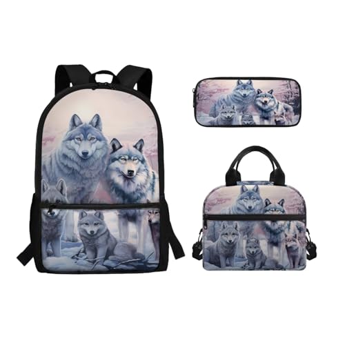 Belidome Schulbuchtaschen-Set für Mädchen, Jungen, Rucksack und Lunchtasche, Federmäppchen, 3-in-1, für Reisen, Picknick, leicht, Wolf-Stil, Einheitsgröße, Schulranzen-Set von Belidome