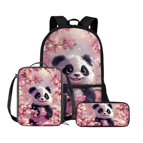 Belidome Schulranzen und Lunchtaschen-Set für Mädchen und Jungen, mit Federmäppchen, 3-teilig, Doppelreißverschluss, Rucksack, Tagesrucksack, Rucksack, Kirschblüten-Panda, Einheitsgröße, von Belidome