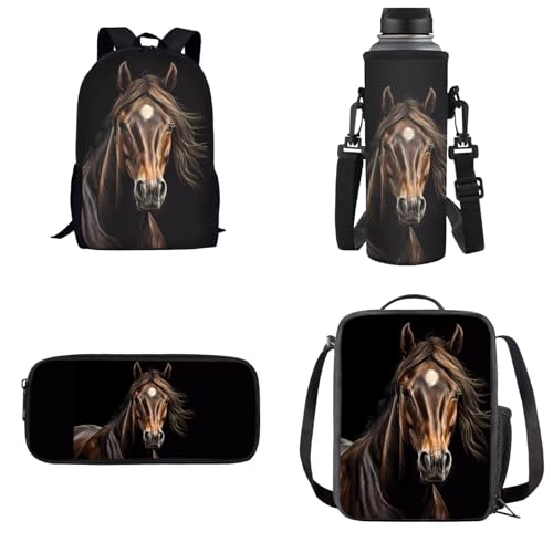 Belidome Schulrucksack-Set, Federmäppchen, Lunch-Tasche, Flaschenhalter für Kinder, Jungen, Grirls, 4 Stück, Horse-3, Einheitsgröße von Belidome