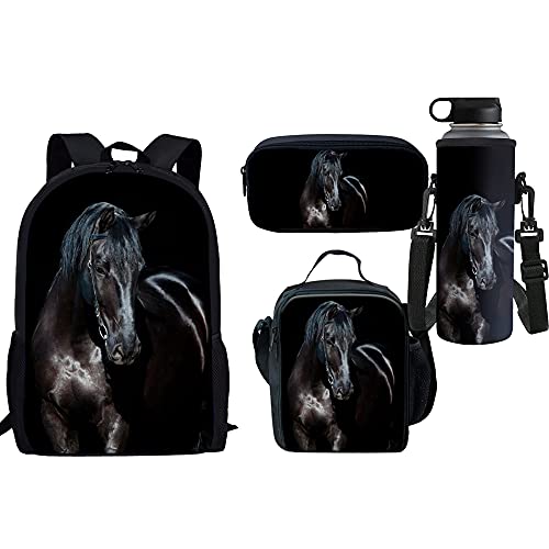 Belidome Schulrucksack-Set, Federmäppchen, Lunch-Tasche, Flaschenhalter für Kinder, Jungen, Grirls, 4 Stück, Schwarzes Pferd, Einheitsgröße von Belidome
