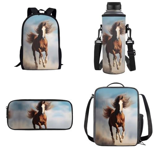 Belidome Schulrucksack-Set für Kinder, Lunch-Tasche, Federmäppchen, Flaschenhalter, 4 Stück, Horse-3, Einheitsgröße von Belidome