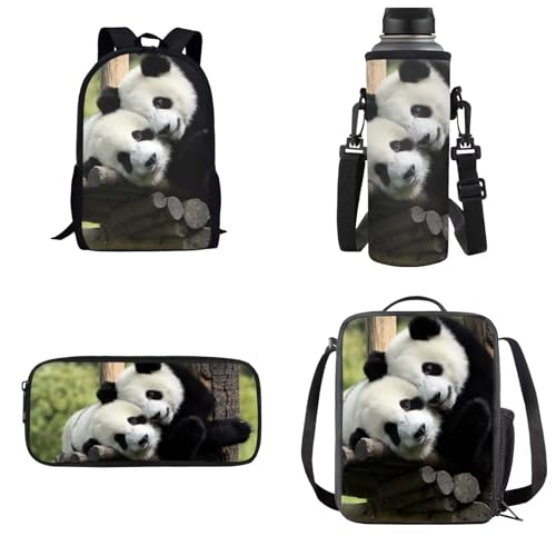 Belidome Schulrucksack-Set für Kinder, Lunch-Tasche, Federmäppchen, Flaschenhalter, 4 Stück, Panda-1, Einheitsgröße von Belidome