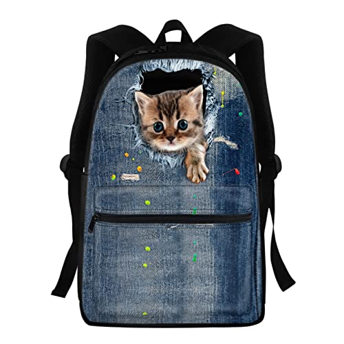 Belidome Schulrucksack für Kinder, mit Vordertasche, Büchertasche, Schulterrucksack, Cat Denim, Einheitsgröße von Belidome