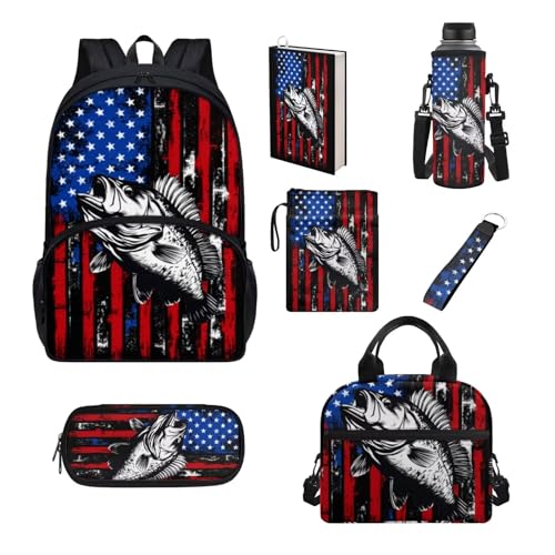 Belidome Schultaschen-Set für Mädchen und Jungen, mit Lunchbox und Wasserflaschentasche, Tasche, Schlüsselanhänger, 7-teilig, Bass Fiah Amerikanische Flagge, Einheitsgröße, Schulranzen-Set von Belidome