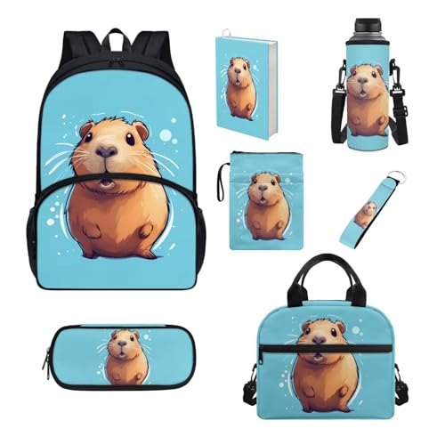 Belidome Schultaschen-Set für Mädchen und Jungen, mit Lunchbox und Wasserflaschentasche, Tasche, Schlüsselanhänger, 7-teilig, Capybara, Einheitsgröße, Schulranzen-Set von Belidome