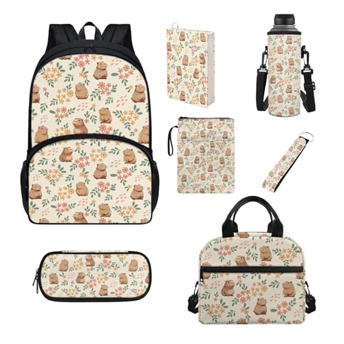 Belidome Schultaschen-Set für Mädchen und Jungen, mit Lunchbox und Wasserflaschentasche, Tasche, Schlüsselanhänger, 7-teilig, Capybara-Aufdruck, Einheitsgröße, Schulranzen-Set von Belidome