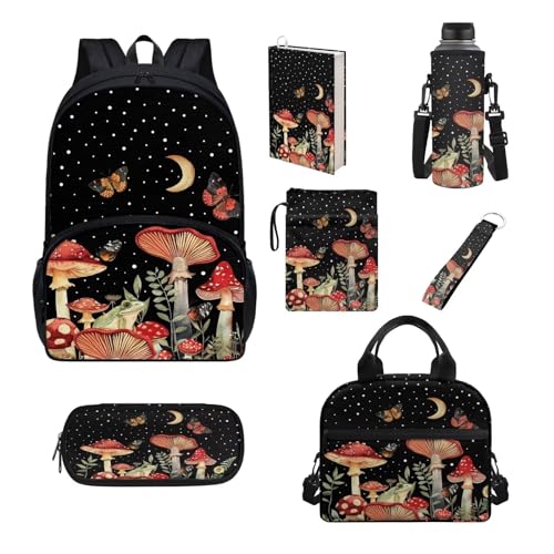 Belidome Schultaschen-Set für Mädchen und Jungen, mit Lunchbox und Wasserflaschentasche, Tasche, Schlüsselanhänger, 7-teilig, Schmetterlingspilz, Einheitsgröße, Schulranzen-Set von Belidome