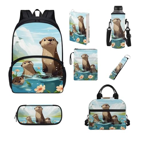 Belidome Schultaschen-Set für Mädchen und Jungen, mit Lunchbox und Wasserflaschentasche, Tasche, Schlüsselanhänger, 7-teilig, otter, Einheitsgröße, Schulranzen-Set von Belidome