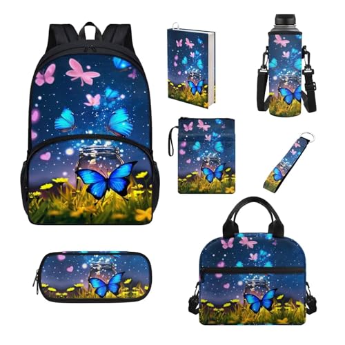 Belidome Schultaschen-Set für Mädchen und Jungen, mit Lunchbox und Wasserflaschentasche, Tasche, Schlüsselanhänger, 7-teilig, schmetterling, Einheitsgröße, Schulranzen-Set von Belidome